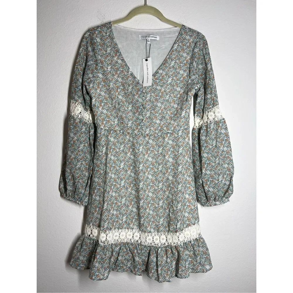 Cupcakes & Cashmere Ivory Floral Ballon Sleeve Ruffle Cottage Core Dress NWT Siz